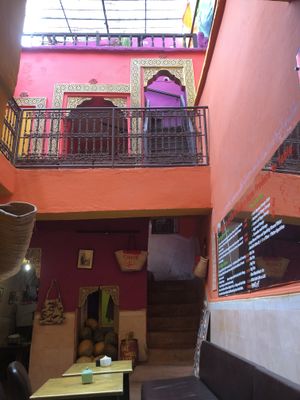 Inside the cafe - lovely colours at Earth Cafe - Derb Zawak in Marrakech