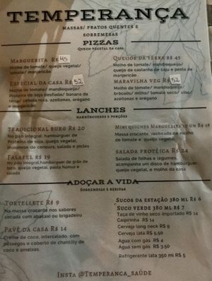 Night menu  at Temperança in Palmas