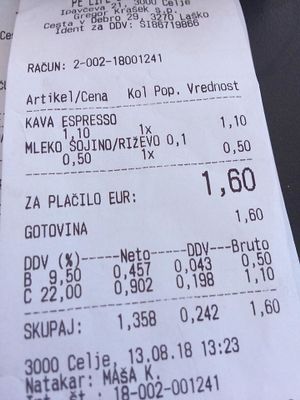 1,60€ for coffee with soy/rice mylk.

Photo by: Katja B. on Facebook at Life Caffe in Celje