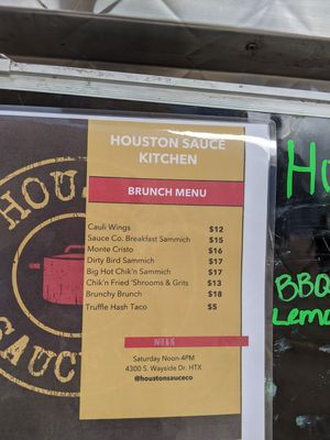 Menu. Got there just before closing & all left was Tasty Truffle hash tacos at Houston Sauce Co in Houston