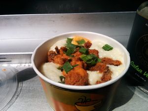 Chickn fried shrooms and grits. Battered, well seasoned, deep fried mushrooms with creamy grits topped with chopped scallions. Southern comfort vegan style! It's been over 20 years, still don't remember shrimp and grits tasting anywhere this good. at Houston Sauce Co in Houston