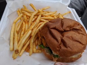 Fried chickn sammich with fries at Houston Sauce Co in Houston
