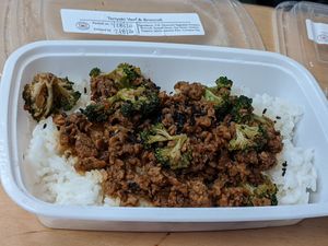 Teriyaki "veef" & broccoli over Jasmine rice. Very tasty, well seasoned. at Houston Sauce Co in Houston