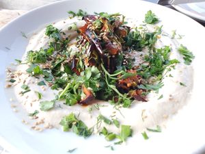 Eggplant hummus plate at Hasiba in Los Angeles