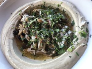 Mushroom hummus  at Hasiba in Los Angeles