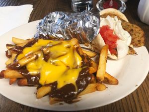 Vegan gyro & chili cheese fries  at Chili Mustard Onions in Detroit