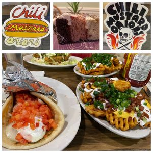 I LOVE CMO’s! I’m sorry they are closing. This pic features: gyro, OMFG chickn sandwich, loaded waffle fries, and a cake which I had later at home. 100% vegan!  at Chili Mustard Onions in Detroit