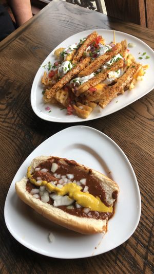 Chili dog and nacho fries at Chili Mustard Onions in Detroit