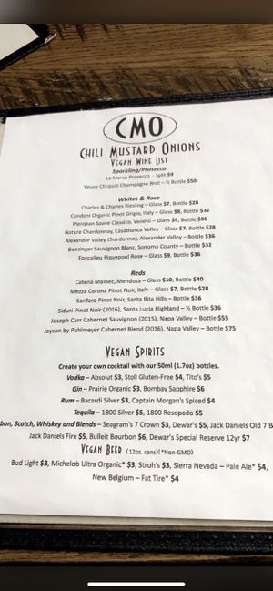 Drink menu  at Chili Mustard Onions in Detroit