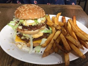 Big Mock and fries at Chili Mustard Onions in Detroit