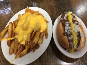 cheese fries and coney dog at Chili Mustard Onions in Detroit