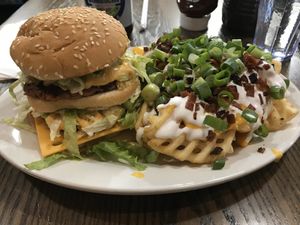 “Whopper” and waffle fries at Chili Mustard Onions in Detroit