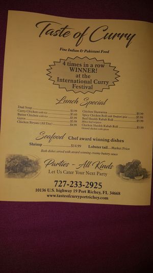 Contact info at Taste of Curry in Port Richey