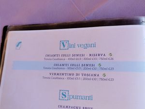 Vegan wine card at Ristoro Dantesca in Pisa
