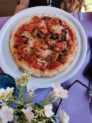 Pizza with vegan cheese and salsiccia at Ristoro Dantesca in Pisa
