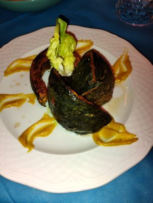 This roasted pumpkin dish is actually made with honey but they were kind enough to prepare it with vegan honey for us. at Ristoro Dantesca in Pisa