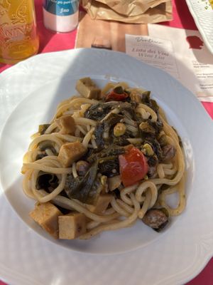 Non vongole pasta with seitan, seaweed and pistachios   at Ristoro Dantesca in Pisa