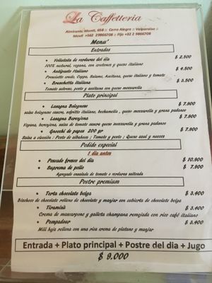 Daily menu at La Caffetteria in Valparaiso