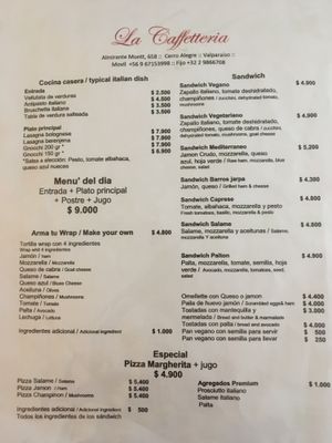 Menu at La Caffetteria in Valparaiso