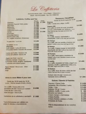 Menu at La Caffetteria in Valparaiso