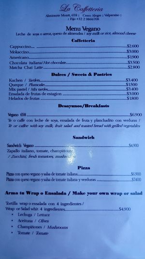 Rico y varios menú vegano. at La Caffetteria in Valparaiso