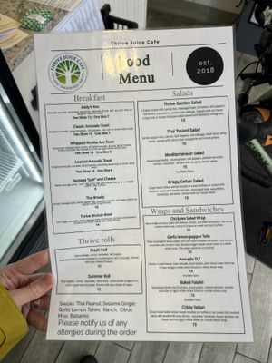 New menu  at Thrive Juice Cafe in Arlington