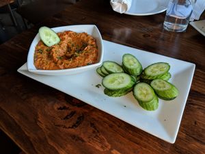 Mahamurra (red pepper dip similar to hummus) really tasty! at O'cado in Sherman Oaks
