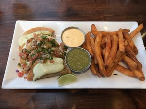 Delicious crispy potato tacos at O'cado in Sherman Oaks