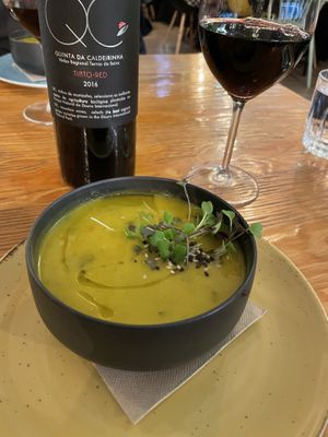 Soup of the Day & Red Wine blend   at Orteá - Vegan Collective in Lisbon