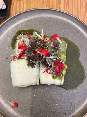 Raw courgette “lasagna” with raw pesto and sunflower seeds soft cheese filling  at Orteá - Vegan Collective in Lisbon
