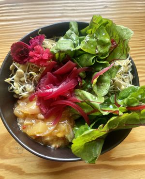 Cauliflower, chard, lentil sprouts with coconut milk and wasabi, mango chutney   at Orteá - Vegan Collective in Lisbon