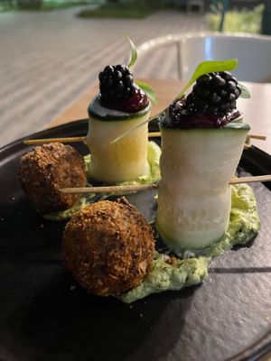 The courgettes were filled with a pasta and the avocado paste in the bottom was a great combo. Nice falafel on the side. at Orteá - Vegan Collective in Lisbon