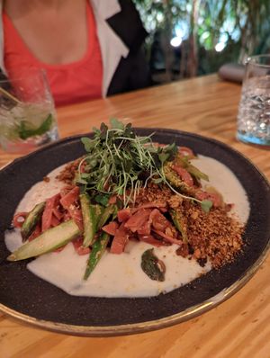 Declaraçào main (beet tagliatelle with asparagus and cheese trio fondue) at Orteá - Vegan Collective in Lisbon