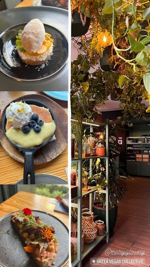 “Theres beauty in everything” passion fruit dessert, “wonderlu” blueberry lemoncurd pancakes and “gema” mushroom cashew cream bruschetta   at Orteá - Vegan Collective in Lisbon