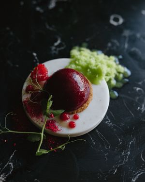 raspberry, pea and wasabi. at Orteá - Vegan Collective in Lisbon