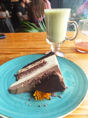 Brownie and passionfruit cake. So so good and not sickly at Orteá - Vegan Collective in Lisbon