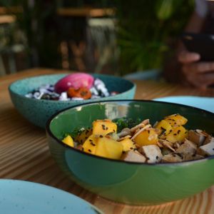 Mango, tofu & buckwheat and sweet potato, beans & creme fresh  at Orteá - Vegan Collective in Lisbon