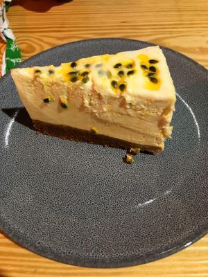 Passion fruit cheesecake. Huge slice for 4€. Very light and tasty. at Orteá - Vegan Collective in Lisbon