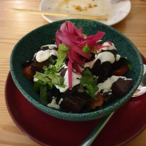 Revuelto bowl - black beans, sweet potato, sour cream at Orteá - Vegan Collective in Lisbon