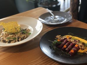 The raw beet ravioli was flavour packed! at Orteá - Vegan Collective in Lisbon