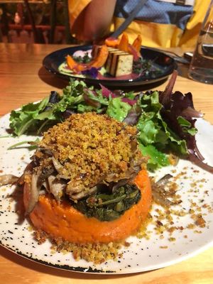 sweet potato mash with greens, mushrooms, breadcrumbs  at Orteá - Vegan Collective in Lisbon