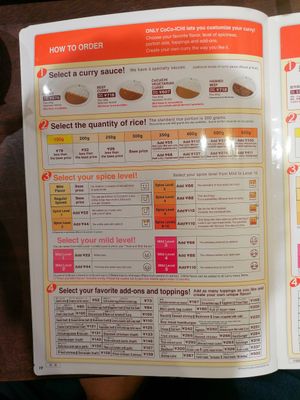 Photos of the menu which includes a non-animal based vegetarian curry that can be combined with a range of options to make your preffered curry. at CoCo Ichibanya - Keihan Shichijo in Kyoto