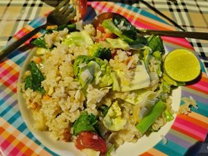 Fried rice with veggies, unfortunately no tofu (and make sure you say you don't want eggs) at The Family Restaurant in Bangkok