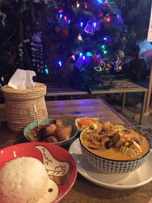 Masaman curry, rice and spring rolls at Christmas  at The Family Restaurant in Bangkok