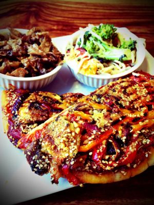 Vegan Gluten-Free Pizza at Cafe Juicy Lotus in Montreal