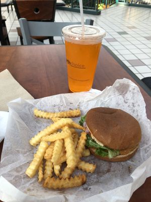 “Chick’n” burger combo at Earth Burger in Bloomington