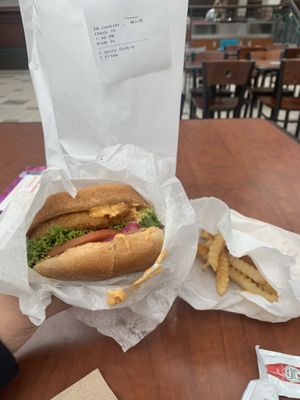 Buffalo Chikn Sandwich and Fries at Earth Burger in Bloomington