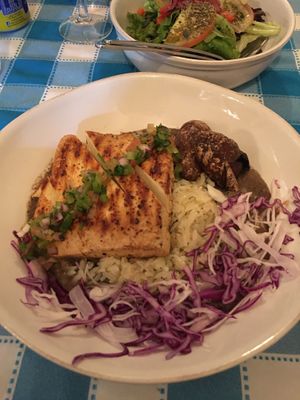 Tofu and rice bowl with potatoes and bean dip.   at Captain's Table in Terceira