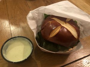 Green Gorilla Burger with a side of Garlic sauce  at Green Gorilla Kitchen - Food Cart in New City
