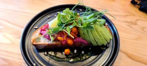 Pink houmous and avocado on sourdough at Bean and Bread in Abergavenny
